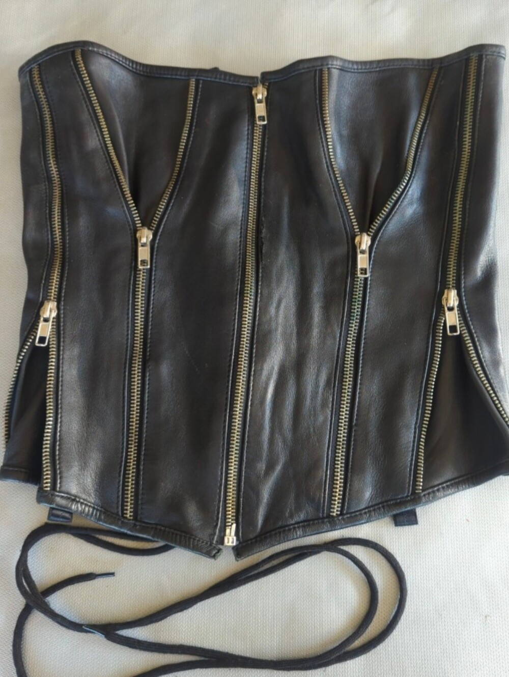 Women's Black Leather Corset Bustier with Gold Zippers
